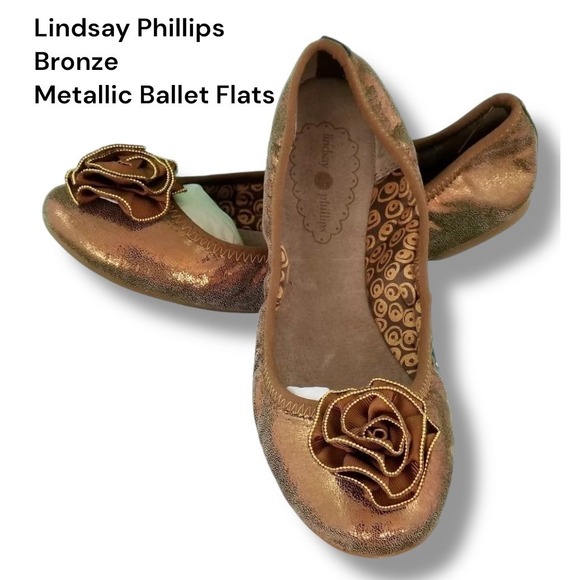 NIB Lindsay Phillips Liz Leather Bronze Metallic Ballet Flats Rose Detail SZ 8 - Picture 1 of 16